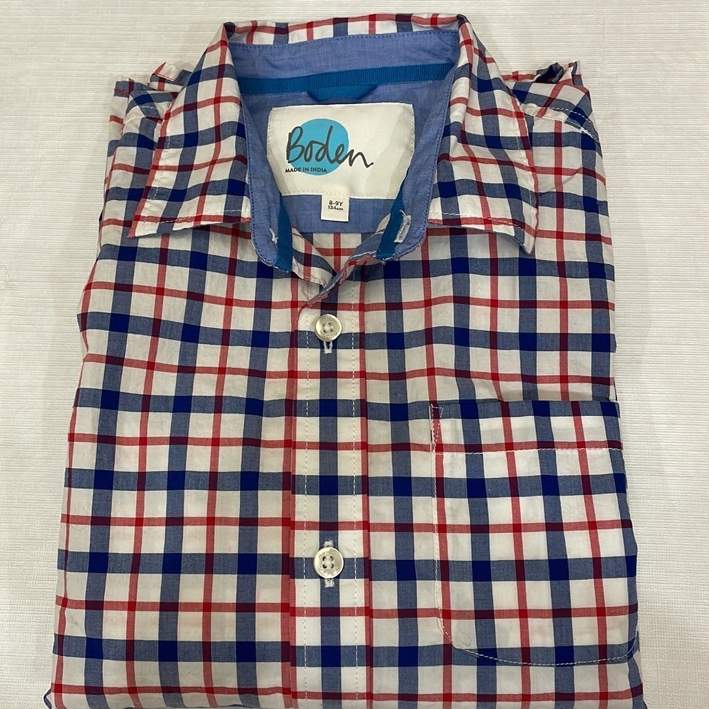 Boden Boys Plaid Button Down L/S shirt Cotton red / white / blue size 8-9Y